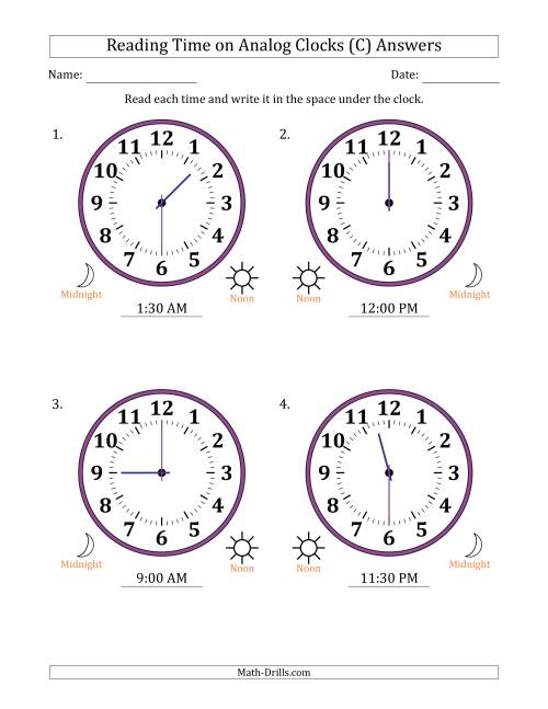 The Reading 12 Hour Time on Analog Clocks in 30 Minute Intervals (4 Large Clocks) (C) Math Worksheet Page 2