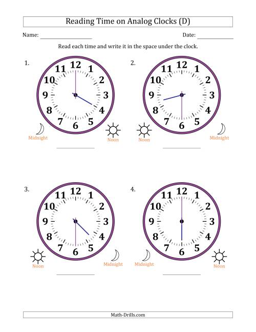 The Reading 12 Hour Time on Analog Clocks in 30 Minute Intervals (4 Large Clocks) (D) Math Worksheet