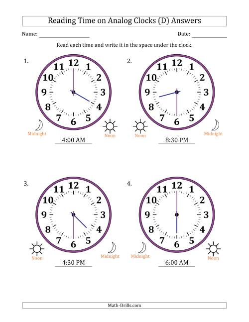 The Reading 12 Hour Time on Analog Clocks in 30 Minute Intervals (4 Large Clocks) (D) Math Worksheet Page 2