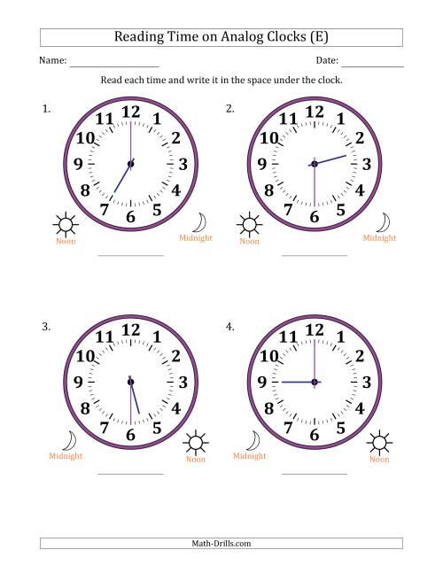 The Reading 12 Hour Time on Analog Clocks in 30 Minute Intervals (4 Large Clocks) (E) Math Worksheet