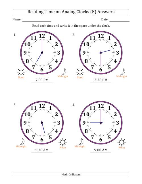 The Reading 12 Hour Time on Analog Clocks in 30 Minute Intervals (4 Large Clocks) (E) Math Worksheet Page 2