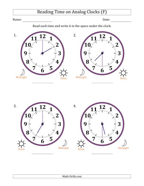 The Reading 12 Hour Time on Analog Clocks in 30 Minute Intervals (4 Large Clocks) (F) Math Worksheet