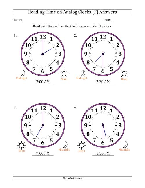 The Reading 12 Hour Time on Analog Clocks in 30 Minute Intervals (4 Large Clocks) (F) Math Worksheet Page 2