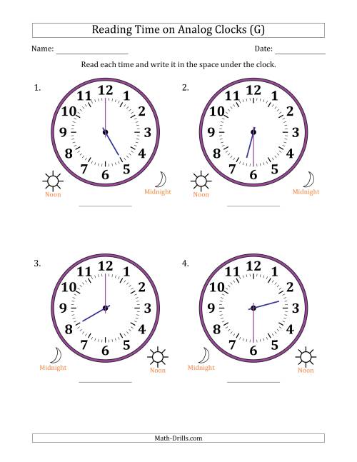 The Reading 12 Hour Time on Analog Clocks in 30 Minute Intervals (4 Large Clocks) (G) Math Worksheet