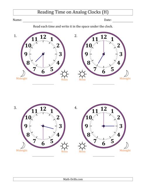 The Reading 12 Hour Time on Analog Clocks in 30 Minute Intervals (4 Large Clocks) (H) Math Worksheet