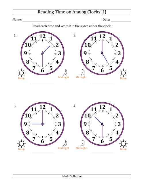 The Reading 12 Hour Time on Analog Clocks in 30 Minute Intervals (4 Large Clocks) (I) Math Worksheet