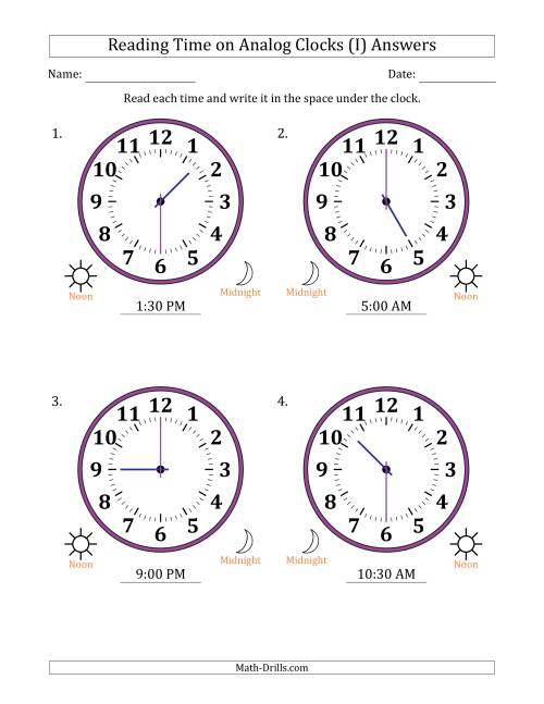 The Reading 12 Hour Time on Analog Clocks in 30 Minute Intervals (4 Large Clocks) (I) Math Worksheet Page 2