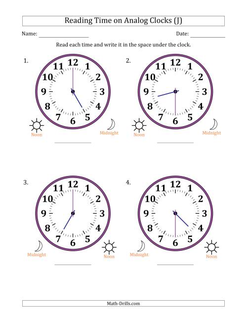 The Reading 12 Hour Time on Analog Clocks in 30 Minute Intervals (4 Large Clocks) (J) Math Worksheet