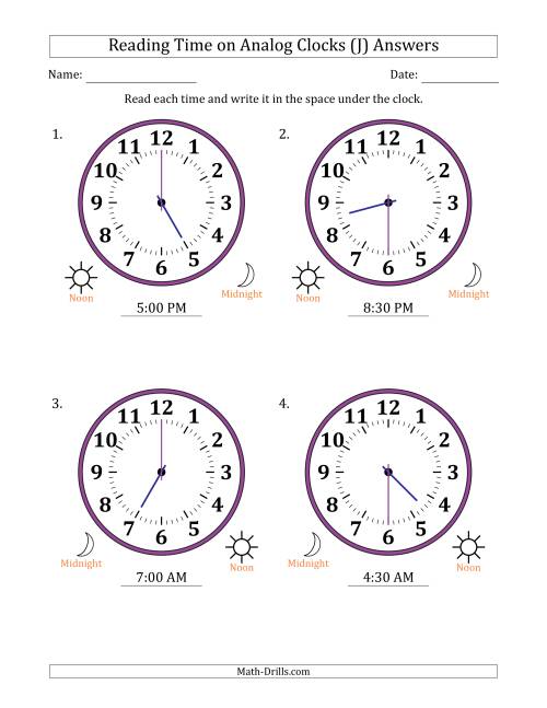 The Reading 12 Hour Time on Analog Clocks in 30 Minute Intervals (4 Large Clocks) (J) Math Worksheet Page 2
