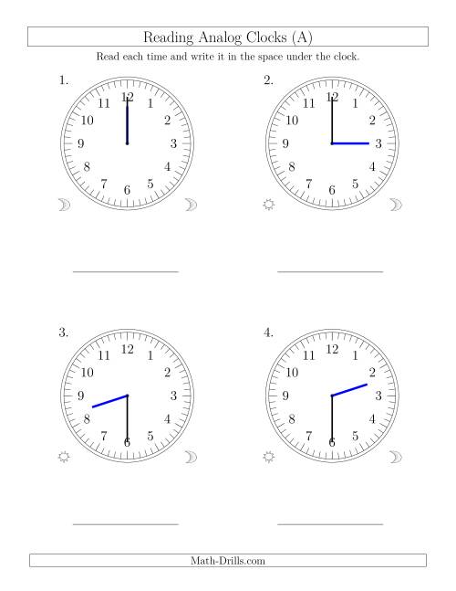 The Reading Time on 12 Hour Analog Clocks in Half Hour Intervals (Large Clocks) (Old) Math Worksheet