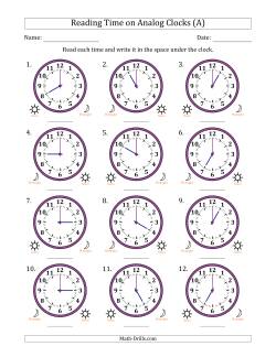 Reading 12 Hour Time on Analog Clocks in One Hour Intervals (12 Clocks)