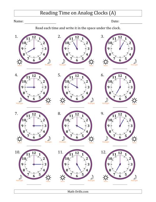 The Reading 12 Hour Time on Analog Clocks in One Hour Intervals (12 Clocks) (A) Math Worksheet
