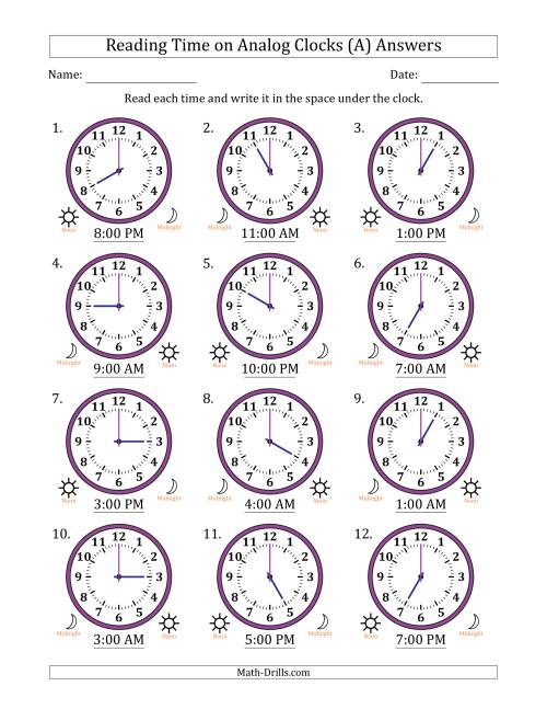 The Reading 12 Hour Time on Analog Clocks in One Hour Intervals (12 Clocks) (A) Math Worksheet Page 2