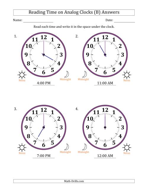 The Reading 12 Hour Time on Analog Clocks in One Hour Intervals (4 Large Clocks) (B) Math Worksheet Page 2