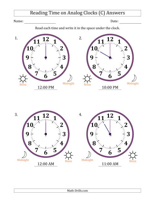The Reading 12 Hour Time on Analog Clocks in One Hour Intervals (4 Large Clocks) (C) Math Worksheet Page 2