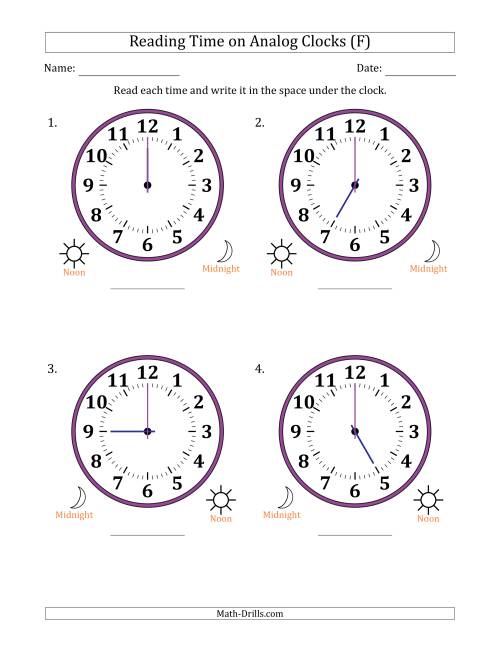 The Reading 12 Hour Time on Analog Clocks in One Hour Intervals (4 Large Clocks) (F) Math Worksheet
