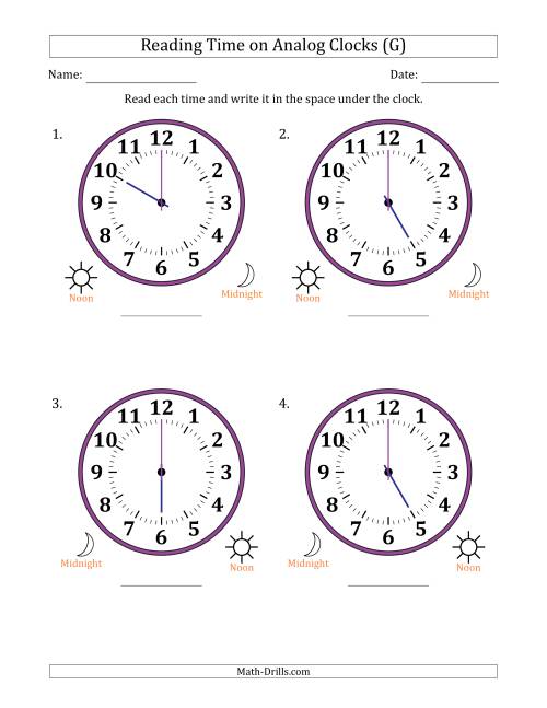 The Reading 12 Hour Time on Analog Clocks in One Hour Intervals (4 Large Clocks) (G) Math Worksheet