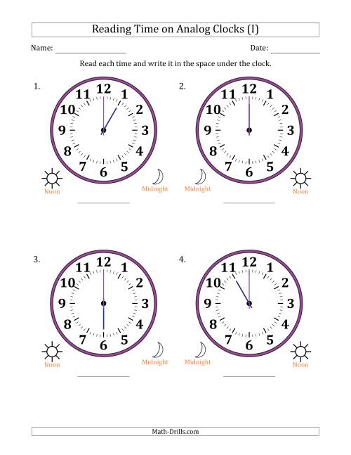 The Reading 12 Hour Time on Analog Clocks in One Hour Intervals (4 Large Clocks) (I) Math Worksheet