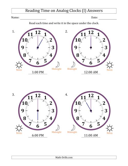 The Reading 12 Hour Time on Analog Clocks in One Hour Intervals (4 Large Clocks) (I) Math Worksheet Page 2
