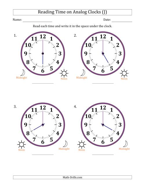 The Reading 12 Hour Time on Analog Clocks in One Hour Intervals (4 Large Clocks) (J) Math Worksheet