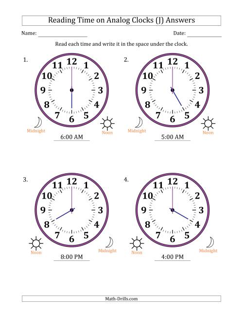 The Reading 12 Hour Time on Analog Clocks in One Hour Intervals (4 Large Clocks) (J) Math Worksheet Page 2