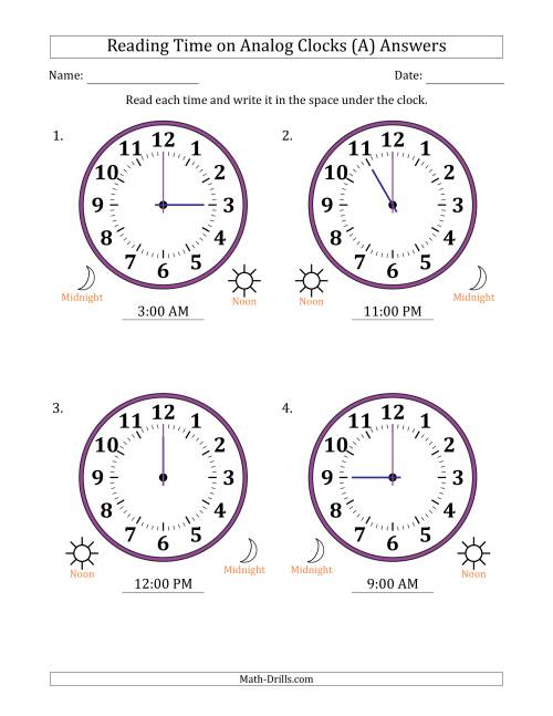 The Reading 12 Hour Time on Analog Clocks in One Hour Intervals (4 Large Clocks) (All) Math Worksheet Page 2