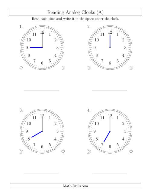 The Reading Time on 12 Hour Analog Clocks in One Hour Intervals (Large Clocks) (Old) Math Worksheet