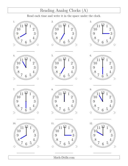 The Reading Time on 12 Hour Analog Clocks in One Hour Intervals (Old) Math Worksheet