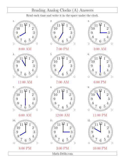 The Reading Time on 12 Hour Analog Clocks in One Hour Intervals (Old) Math Worksheet Page 2