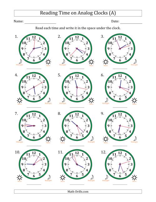 The Reading 12 Hour Time on Analog Clocks in 1 Second Intervals (12 Clocks) (A) Math Worksheet