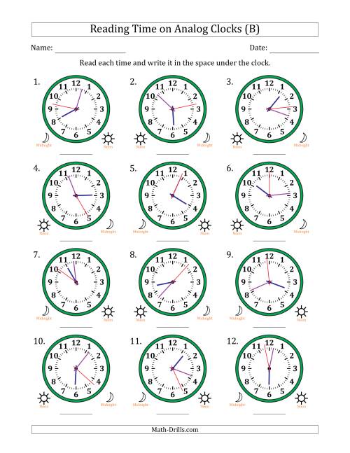 The Reading 12 Hour Time on Analog Clocks in 1 Second Intervals (12 Clocks) (B) Math Worksheet