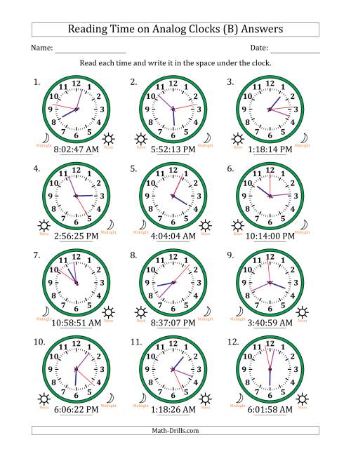 The Reading 12 Hour Time on Analog Clocks in 1 Second Intervals (12 Clocks) (B) Math Worksheet Page 2