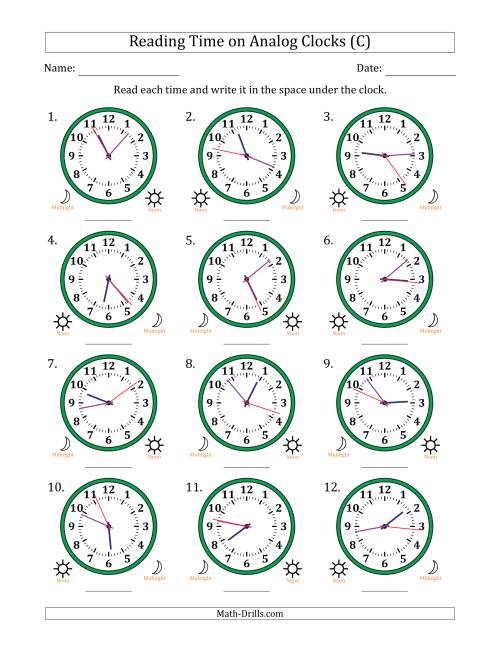 The Reading 12 Hour Time on Analog Clocks in 1 Second Intervals (12 Clocks) (C) Math Worksheet