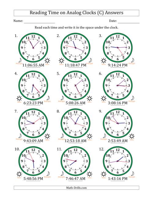 The Reading 12 Hour Time on Analog Clocks in 1 Second Intervals (12 Clocks) (C) Math Worksheet Page 2