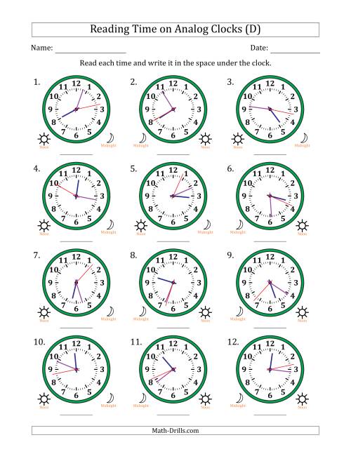 The Reading 12 Hour Time on Analog Clocks in 1 Second Intervals (12 Clocks) (D) Math Worksheet