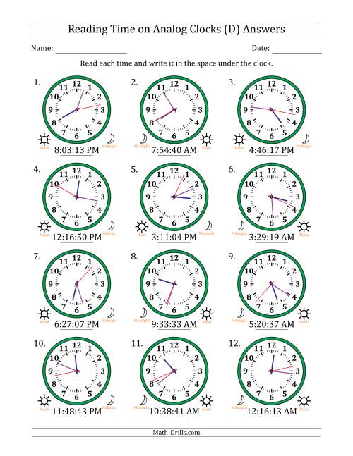 The Reading 12 Hour Time on Analog Clocks in 1 Second Intervals (12 Clocks) (D) Math Worksheet Page 2