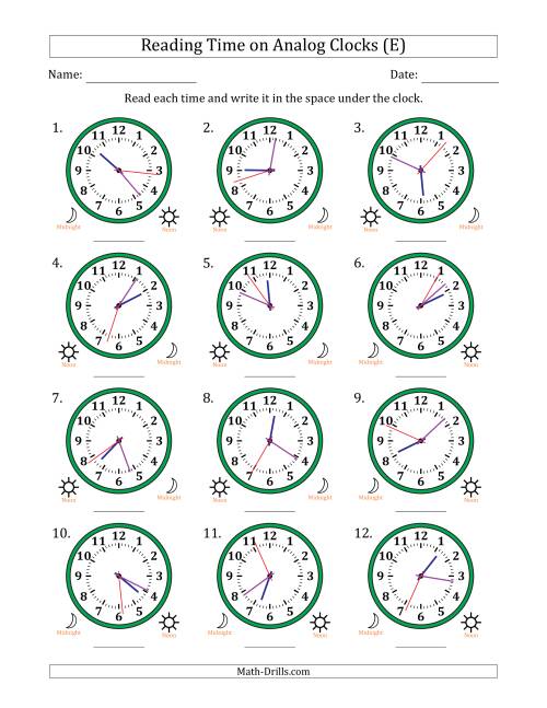 The Reading 12 Hour Time on Analog Clocks in 1 Second Intervals (12 Clocks) (E) Math Worksheet