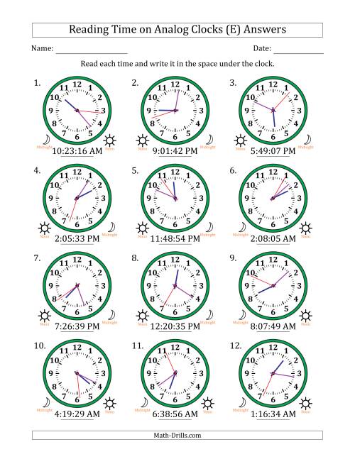 The Reading 12 Hour Time on Analog Clocks in 1 Second Intervals (12 Clocks) (E) Math Worksheet Page 2