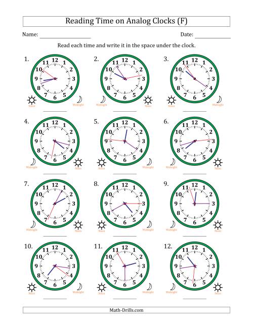 The Reading 12 Hour Time on Analog Clocks in 1 Second Intervals (12 Clocks) (F) Math Worksheet