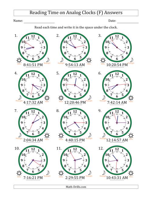 The Reading 12 Hour Time on Analog Clocks in 1 Second Intervals (12 Clocks) (F) Math Worksheet Page 2