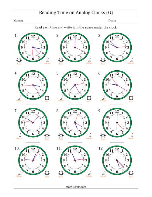 The Reading 12 Hour Time on Analog Clocks in 1 Second Intervals (12 Clocks) (G) Math Worksheet