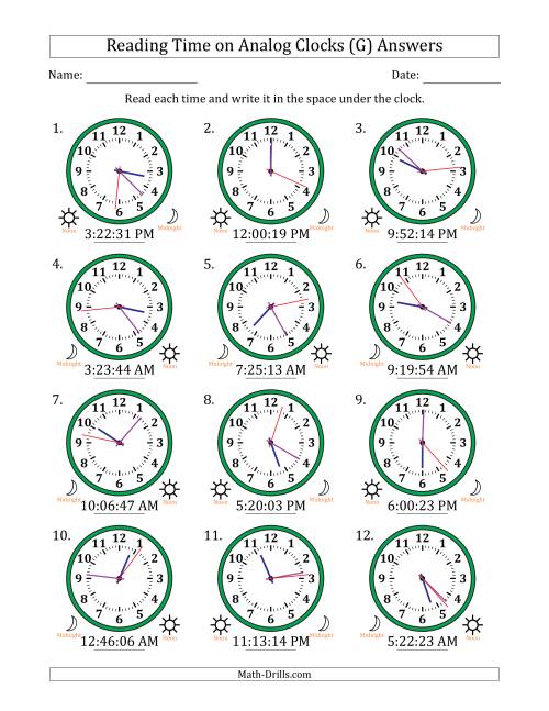 The Reading 12 Hour Time on Analog Clocks in 1 Second Intervals (12 Clocks) (G) Math Worksheet Page 2