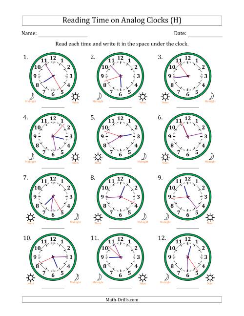 The Reading 12 Hour Time on Analog Clocks in 1 Second Intervals (12 Clocks) (H) Math Worksheet