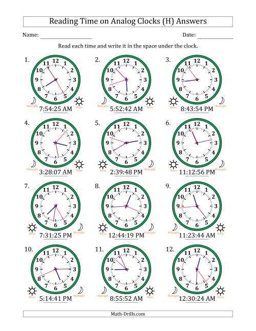The Reading 12 Hour Time on Analog Clocks in 1 Second Intervals (12 Clocks) (H) Math Worksheet Page 2