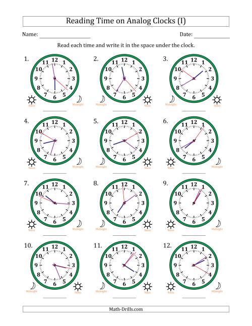 The Reading 12 Hour Time on Analog Clocks in 1 Second Intervals (12 Clocks) (I) Math Worksheet