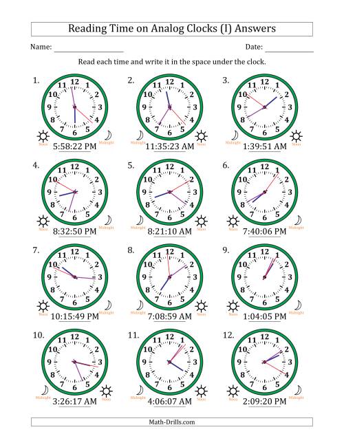 The Reading 12 Hour Time on Analog Clocks in 1 Second Intervals (12 Clocks) (I) Math Worksheet Page 2