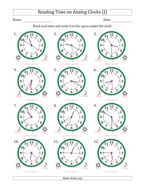 The Reading 12 Hour Time on Analog Clocks in 1 Second Intervals (12 Clocks) (J) Math Worksheet
