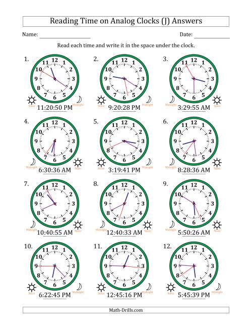 The Reading 12 Hour Time on Analog Clocks in 1 Second Intervals (12 Clocks) (J) Math Worksheet Page 2