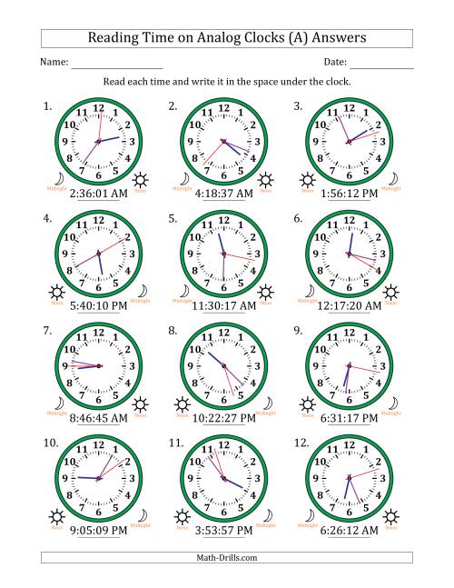 The Reading 12 Hour Time on Analog Clocks in 1 Second Intervals (12 Clocks) (All) Math Worksheet Page 2