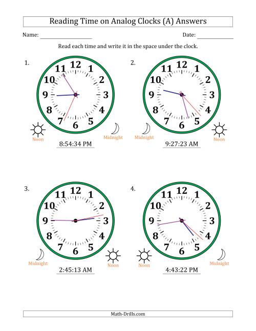 The Reading 12 Hour Time on Analog Clocks in 1 Second Intervals (4 Large Clocks) (A) Math Worksheet Page 2